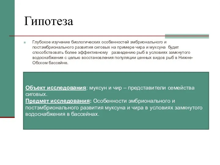 Гипотеза Глубокое изучение биологических особенностей эмбрионального и постэмбрионального развития сиговых