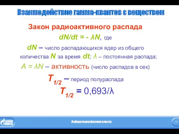 Взаимодействие гамма-квантов с веществом Закон радиоактивного распада dN/dt = -