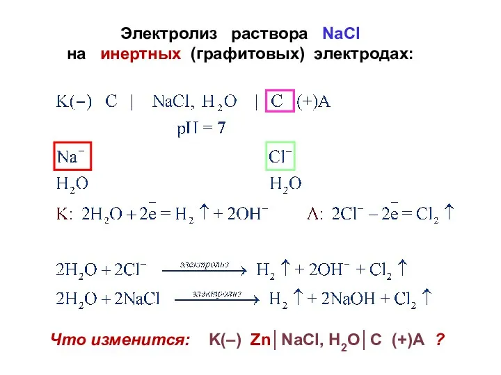 Электролиз раствора NaCl на инертных (графитовых) электродах: Что изменится: K(–) Zn│NaCl, H2O│C (+)А ?