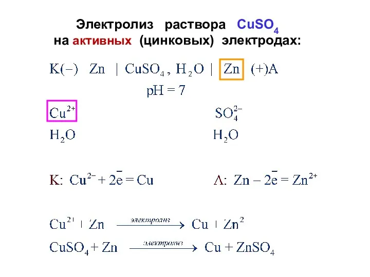 Электролиз раствора СuSO4 на активных (цинковых) электродах: