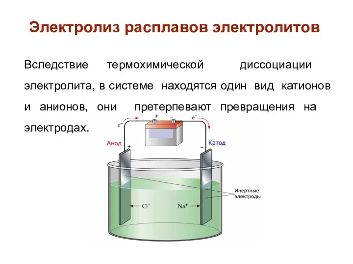 Электролиз расплавов электролитов Вследствие термохимической диссоциации электролита, в системе находятся