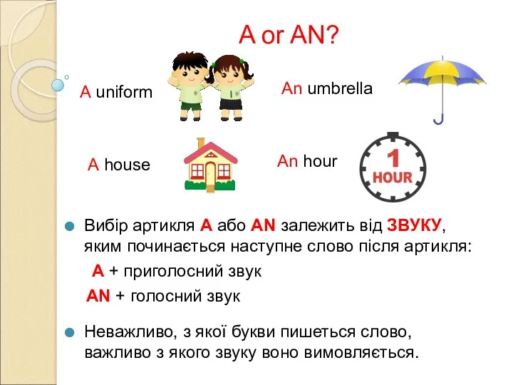 Вибір артикля A або AN залежить від ЗВУКУ, яким починається