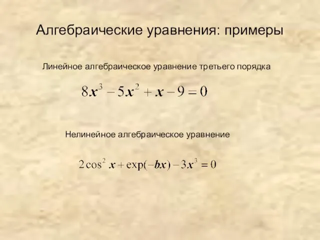 Алгебраические уравнения: примеры Линейное алгебраическое уравнение третьего порядка Нелинейное алгебраическое уравнение