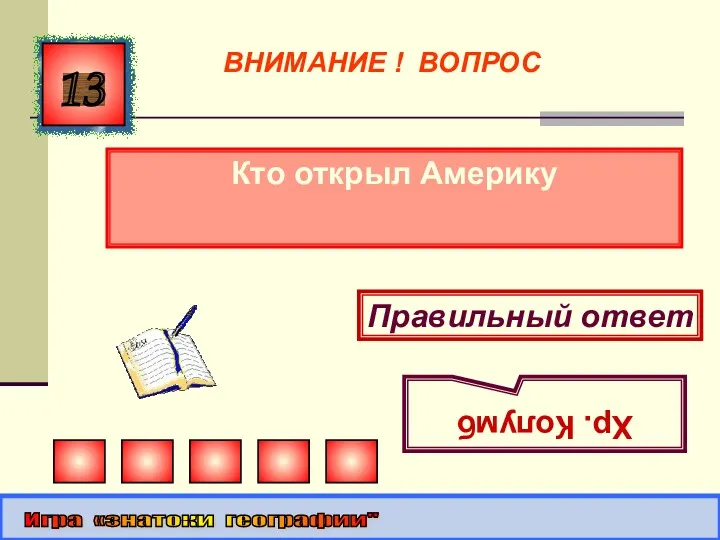 Кто открыл Америку 13 Правильный ответ Хр. Колумб Игра «знатоки географии" ВНИМАНИЕ ! ВОПРОС