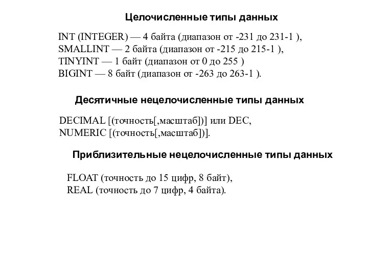 Целочисленные типы данных INT (INTEGER) — 4 байта (диапазон от