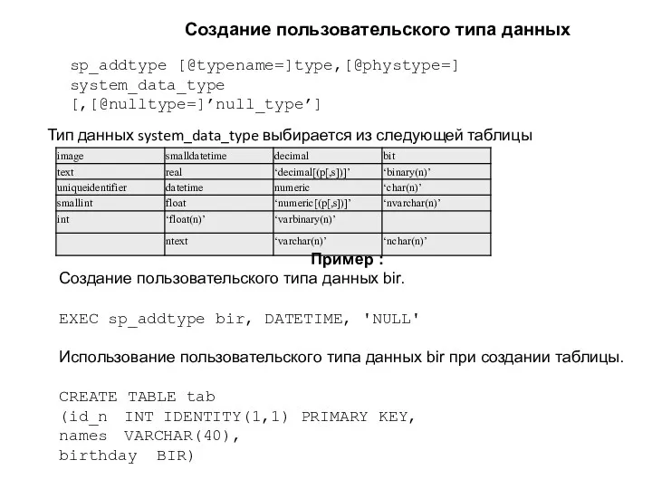 Создание пользовательского типа данных sp_addtype [@typename=]type,[@phystype=] system_data_type [,[@nulltype=]’null_type’] Тип данных