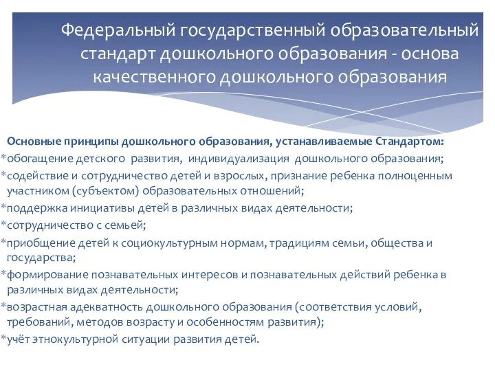 Основные принципы дошкольного образования, устанавливаемые Стандартом: обогащение детского развития, индивидуализация