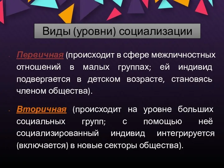 Виды (уровни) социализации Первичная (происходит в сфере межличностных отношений в