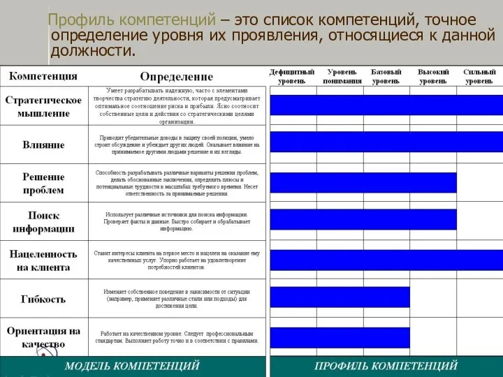 Профиль компетенций – это список компетенций, точное определение уровня их проявления, относящиеся к данной должности.