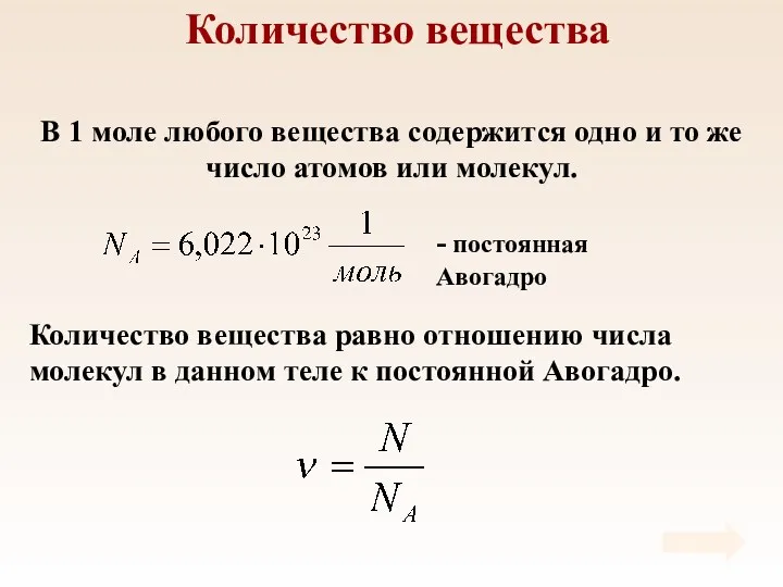 Количество вещества В 1 моле любого вещества содержится одно и