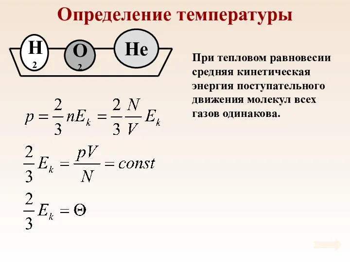 Определение температуры При тепловом равновесии средняя кинетическая энергия поступательного движения молекул всех газов одинакова.