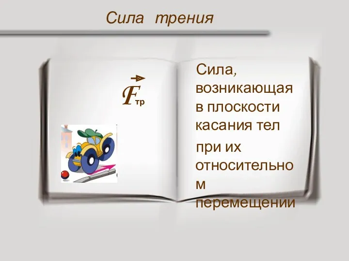 Fтр Сила, возникающая в плоскости касания тел при их относительном перемещении Сила трения