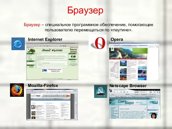 Браузер Internet Explorer Opera Mozilla-Firefox Netscape Browser Браузер – специальное