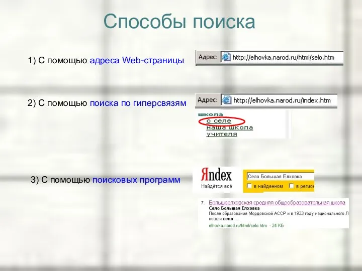 Способы поиска 1) С помощью адреса Web-страницы 2) С помощью