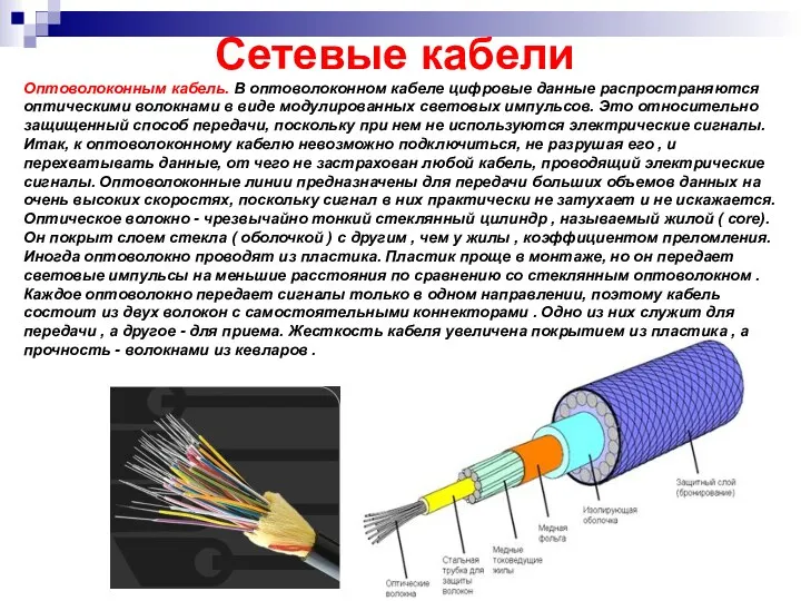 Оптоволоконным кабель. В оптоволоконном кабеле цифровые данные распространяются оптическими волокнами