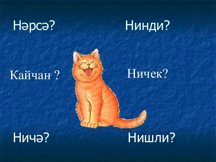 Нәрсә? Нинди? Ничә? Нишли? Ничек? Кайчан ?