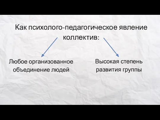 Как психолого-педагогическое явление коллектив: Любое организованное объединение людей Высокая степень развития группы