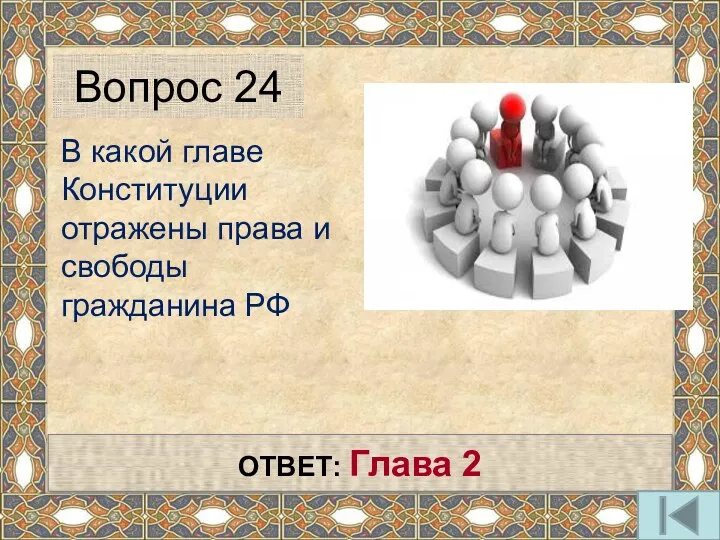 В какой главе Конституции отражены права и свободы гражданина РФ Вопрос 24 ОТВЕТ: Глава 2