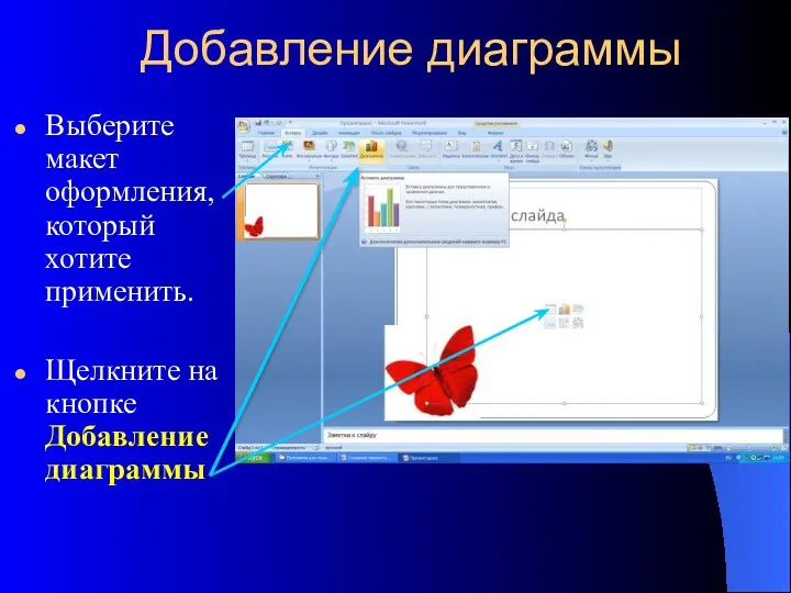 Добавление диаграммы Выберите макет оформления, который хотите применить. Щелкните на кнопке Добавление диаграммы