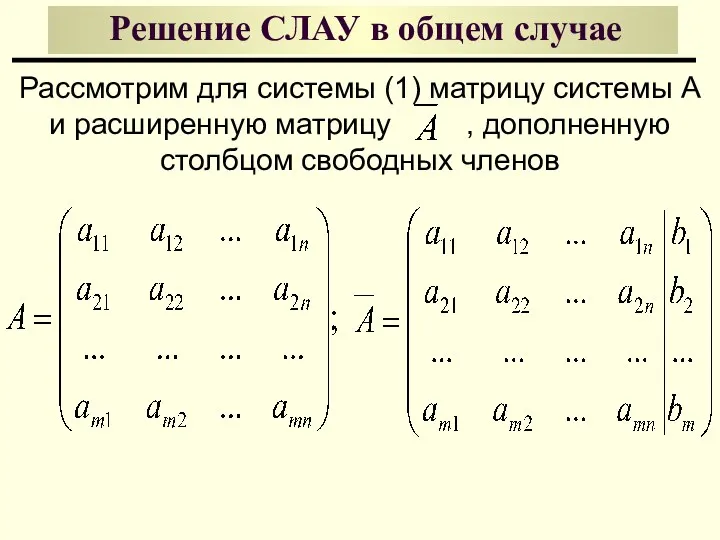 Решение СЛАУ в общем случае Рассмотрим для системы (1) матрицу