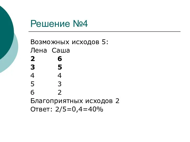 Решение №4 Возможных исходов 5: Лена Саша 2 6 3 5 4 4