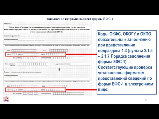 Заполнение титульного листа формы ЕФС-1 Коды ОКФС, ОКОГУ и ОКПО