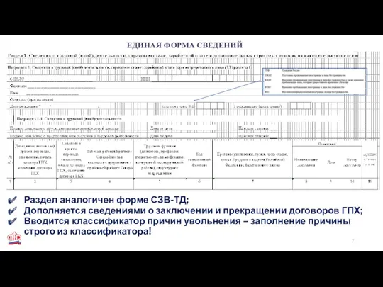 ЕДИНАЯ ФОРМА СВЕДЕНИЙ Раздел аналогичен форме СЗВ-ТД; Дополняется сведениями о