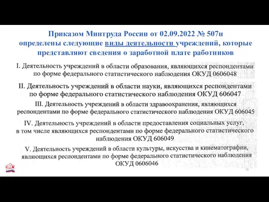 Приказом Минтруда России от 02.09.2022 № 507н определены следующие виды деятельности учреждений, которые
