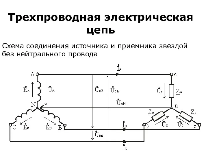 Трехпроводная электрическая цепь Схема соединения источника и приемника звездой без нейтрального провода