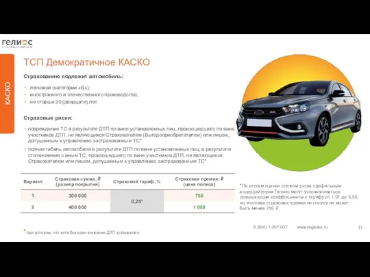 КАСКО ТСП Демократичное КАСКО Страхованию подлежит автомобиль: легковой (категории «В»);
