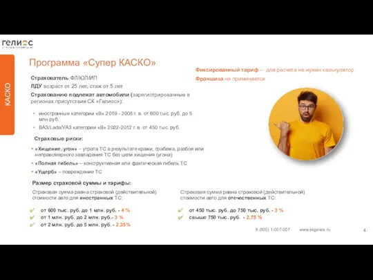 КАСКО Программа «Супер КАСКО» Страхователь ФЛ/ЮЛ/ИП ЛДУ возраст от 25