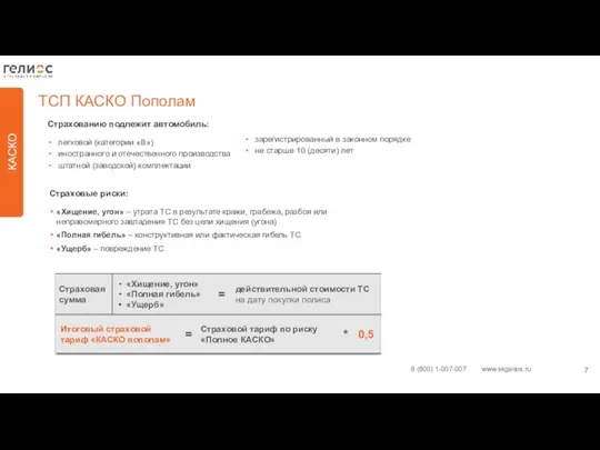 КАСКО ТСП КАСКО Пополам Страхованию подлежит автомобиль: легковой (категории «В»)