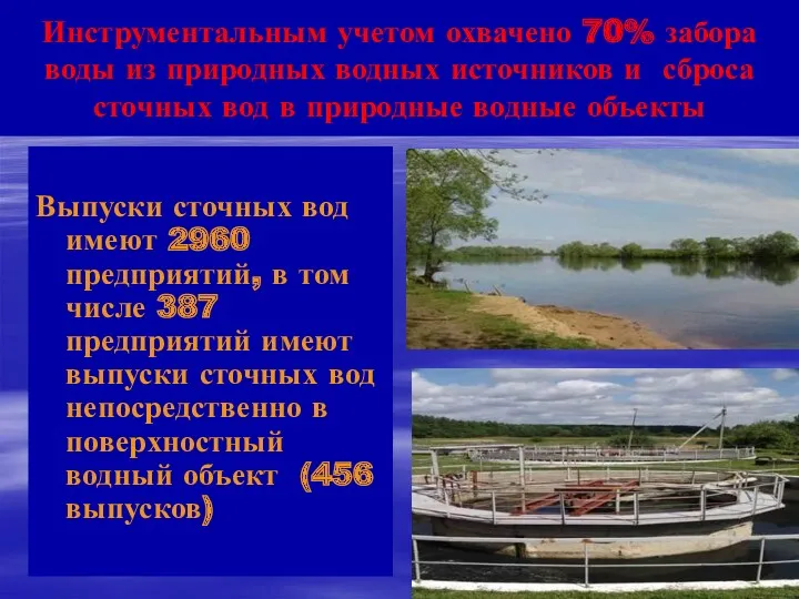 Инструментальным учетом охвачено 70% забора воды из природных водных источников