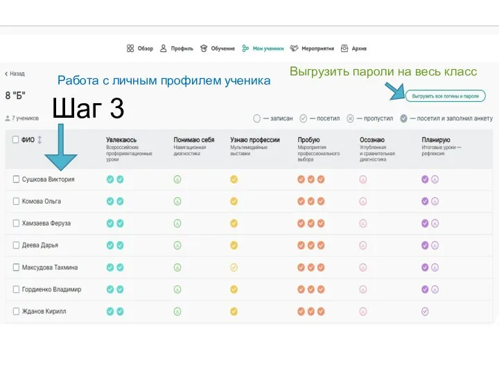 Шаг 3 Работа с личным профилем ученика Выгрузить пароли на весь класс