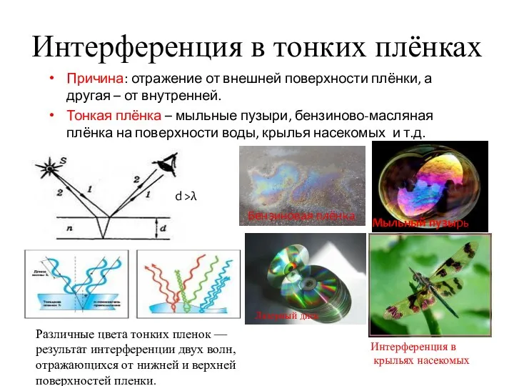 Интерференция в тонких плёнках Причина: отражение от внешней поверхности плёнки,