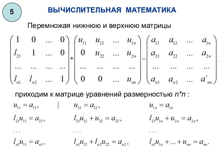 ВЫЧИСЛИТЕЛЬНАЯ МАТЕМАТИКА 5 приходим к матрице уравнений размерностью n*n : Перемножая нижнюю и верхнюю матрицы