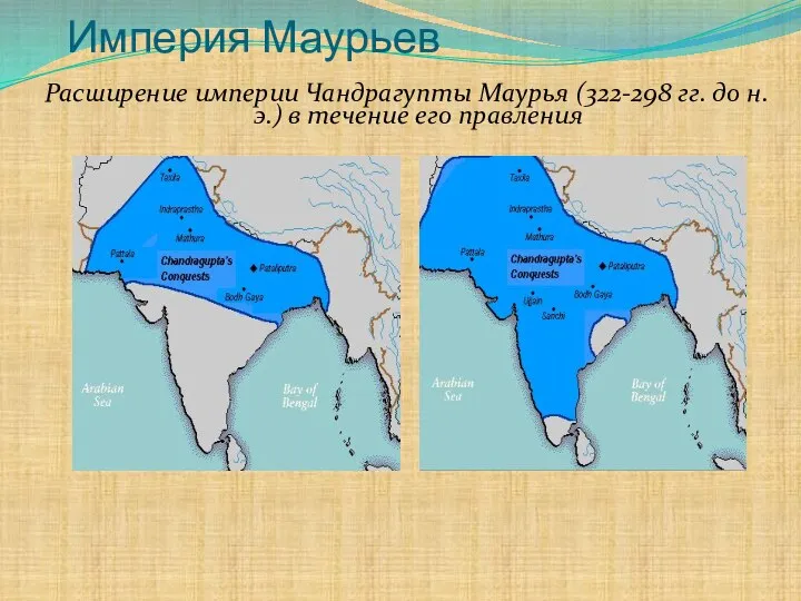 Империя Маурьев Расширение империи Чандрагупты Маурья (322-298 гг. до н.э.) в течение его правления