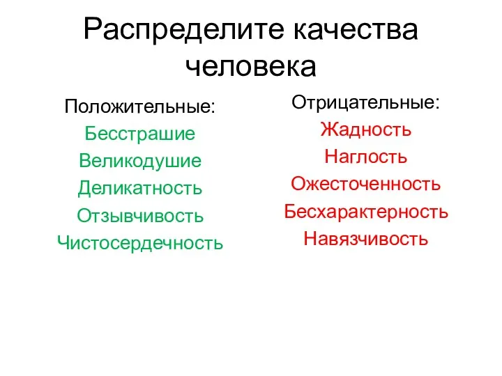 Распределите качества человека Положительные: Бесстрашие Великодушие Деликатность Отзывчивость Чистосердечность Отрицательные: Жадность Наглость Ожесточенность Бесхарактерность Навязчивость