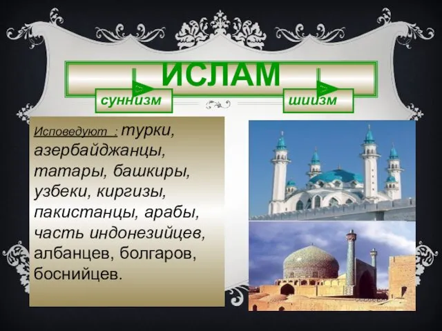 ИСЛАМ суннизм шиизм Исповедуют : турки, азербайджанцы, татары, башкиры, узбеки,