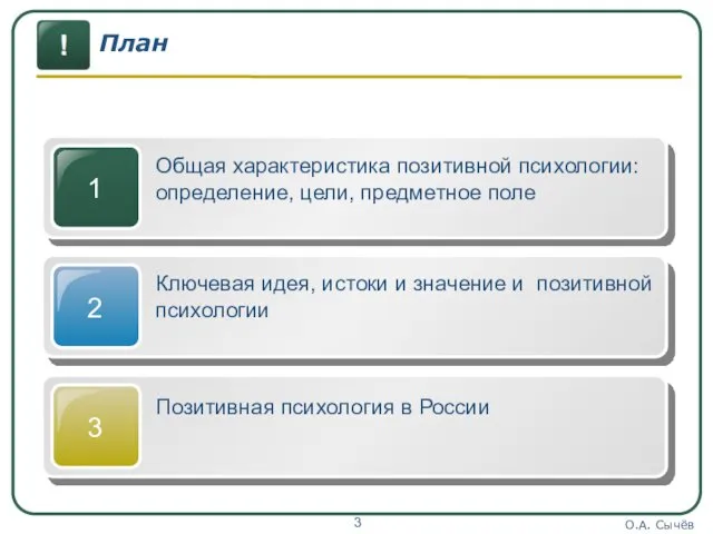 О.А. Сычёв План Общая характеристика позитивной психологии: определение, цели, предметное