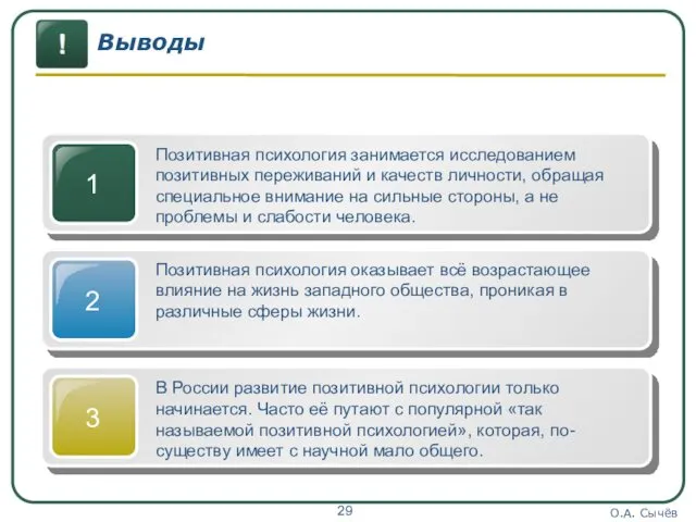 О.А. Сычёв Выводы Позитивная психология занимается исследованием позитивных переживаний и