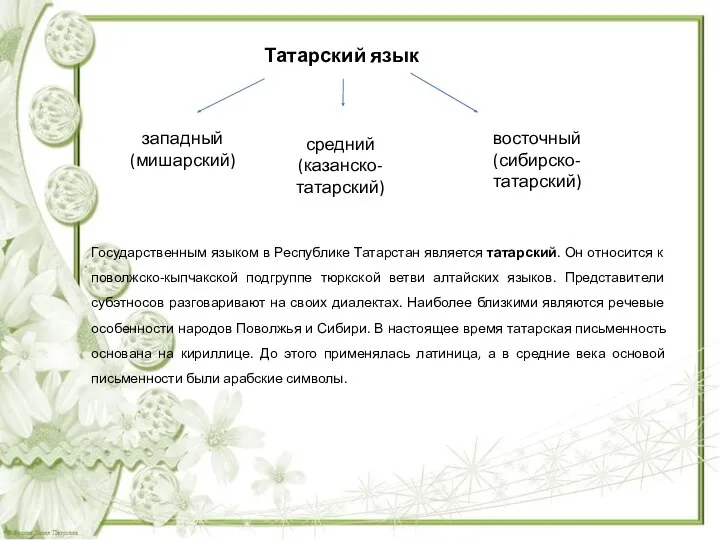 Государственным языком в Республике Татарстан является татарский. Он относится к