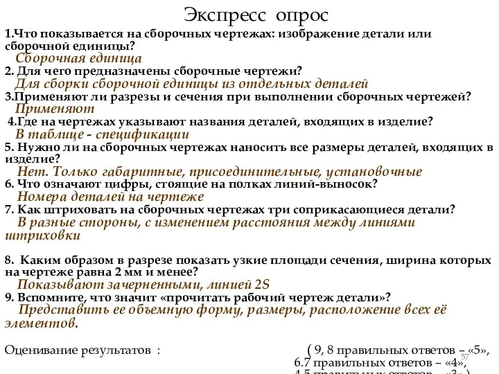 Экспресс опрос 1.Что показывается на сборочных чертежах: изображение детали или