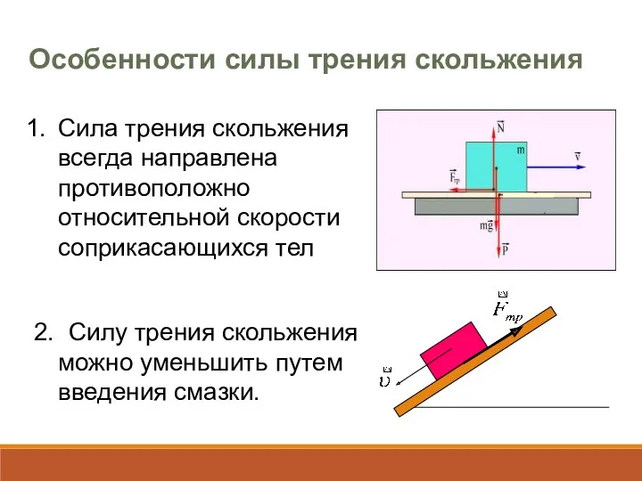 Особенности силы трения скольжения Сила трения скольжения всегда направлена противоположно