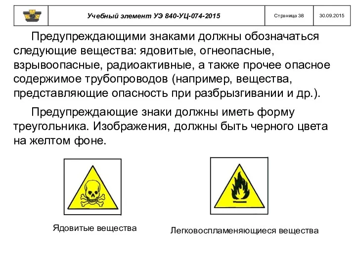 Предупреждающими знаками должны обозначаться следующие вещества: ядовитые, огнеопасные, взрывоопасные, радиоактивные, а также прочее