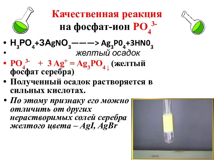 Качественная реакция на фосфат-ион РО43- Н3РО4+ЗАgNО3———> Ag3P04+3HN03 желтый осадок РО43-