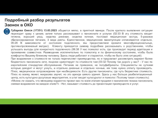 Подробный разбор результатов Звонок в ОКО Губарева Олеся (17351) 13.03.2023