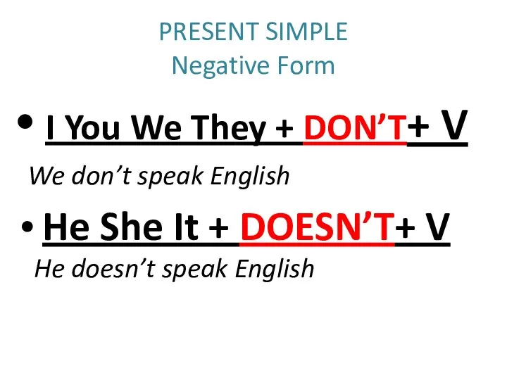 PRESENT SIMPLE Negative Form I You We They + DON’T+