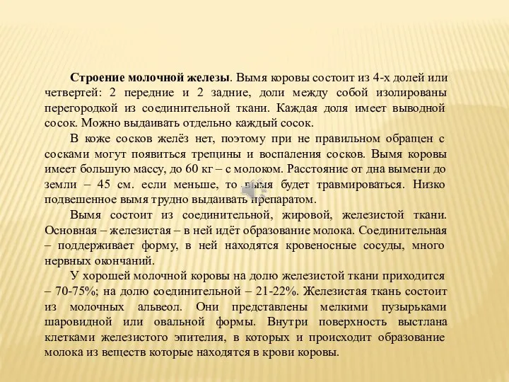 Строение молочной железы. Вымя коровы состоит из 4-х долей или