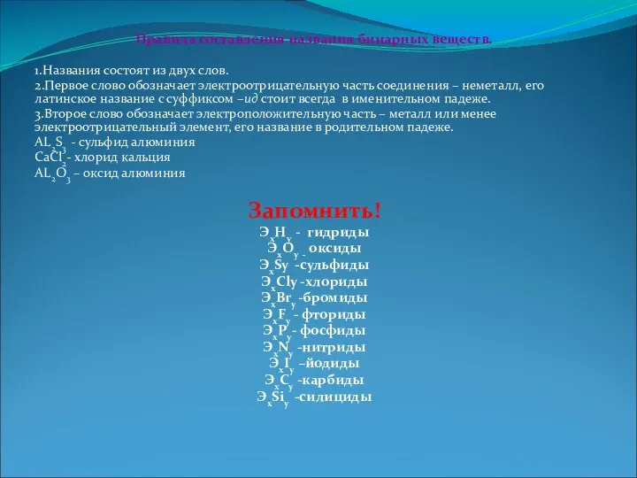 Правила составления названия бинарных веществ. 1.Названия состоят из двух слов.